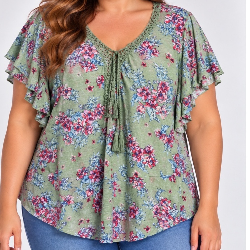 Vintage America L Linen Blend Green Floral Flutter Sleeve Boho Cottagecore Top